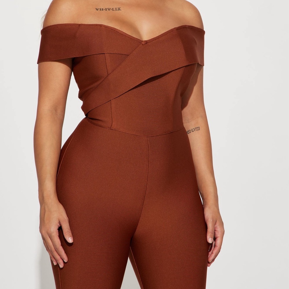 Fashion Nova Brown Off-Shoulder Jumpsuit